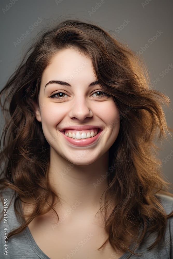 Naklejka premium headshot of a happy young woman looking at the camera on gray background