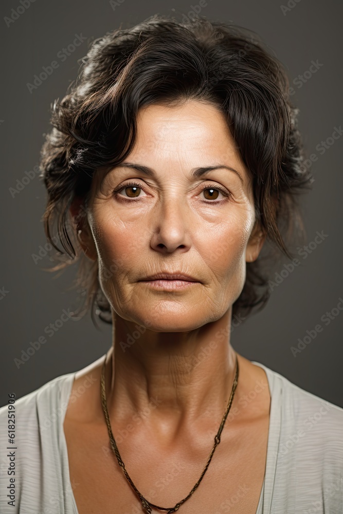 headshot of a mature senior woman looking at the camera on gray background