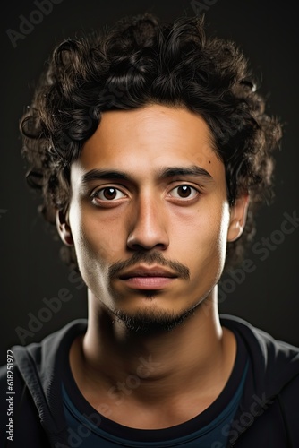 headshot of a young hispanic man looking at the camera on gray background