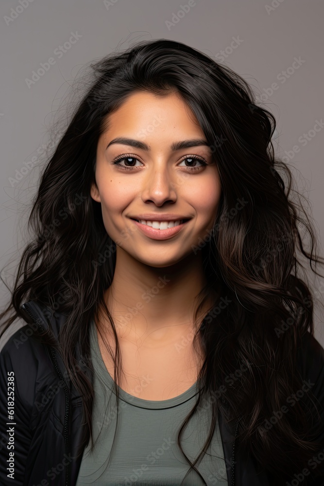  headshot of a happy young woman looking at the camera on gray background