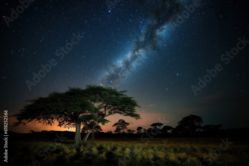 Colorful night landscape with milky way against the backdrop of trees, AI Generated