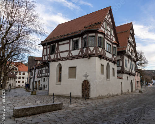 Blaubeuren  old  half-timbered houses with forecourt in winter in the early evening