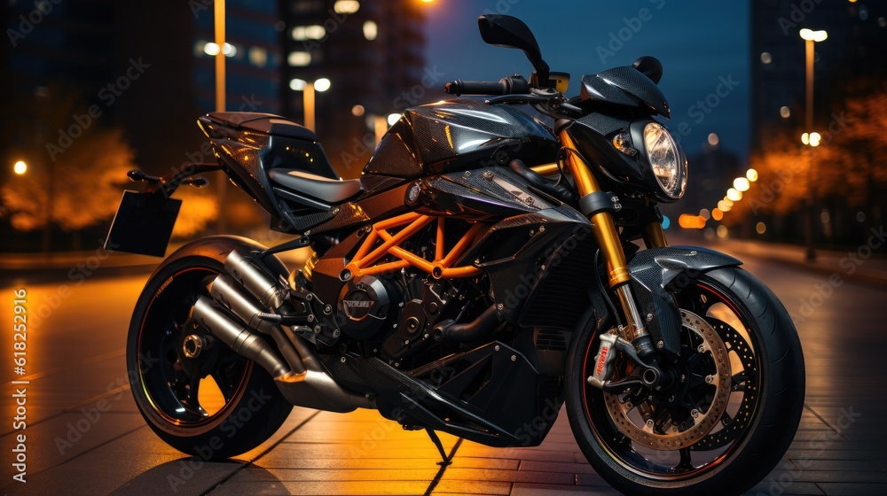 A Dynamic Action Shot Of A Motorcycle Performing A Wheelie On An Urban Street. Generative AI A Dynamic Action Shot Of A Motorcycle Performing A Wheelie On An Urban Street. Generative AI