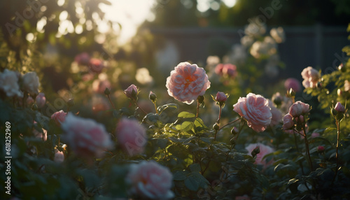 Fresh pink blossoms adorn the formal garden generated by AI