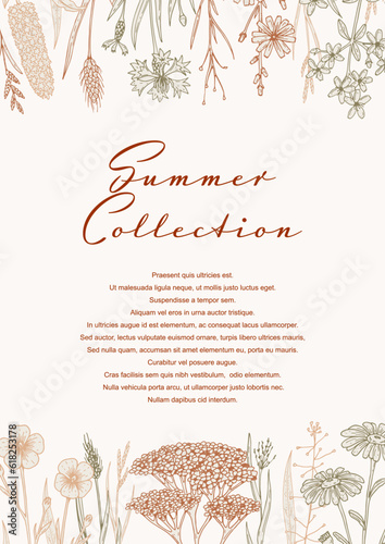 Summer vertical design with wildflowers. Hand drawn vector illustration in sketch style. Social media stories template. Meadow flowers poster. Wedding invitation