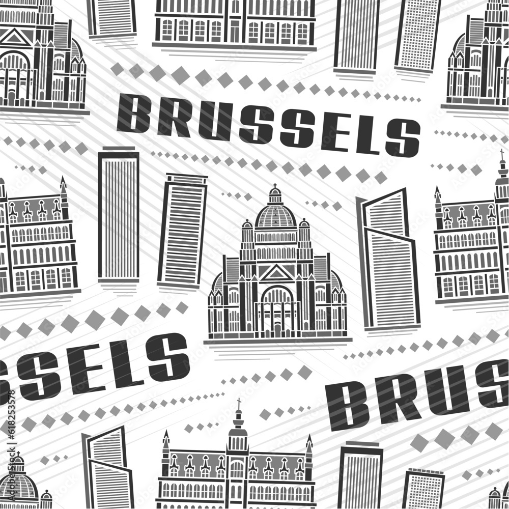 Vector Brussels Seamless Pattern, square repeating background with illustration of famous european brussels city scape on white background, monochrome line art urban poster with black text brussels