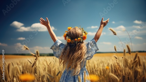 Little girl in a wreath of flowers on a wheat field. Generative AI.