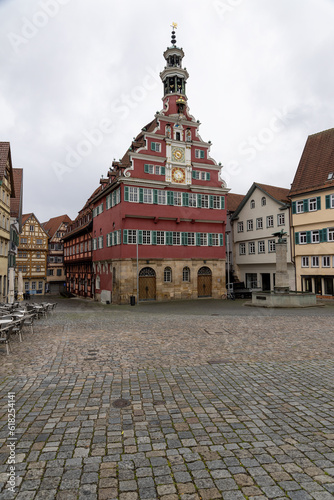 Esslingen town hall on a rainy spring day with cobblestone forecourt