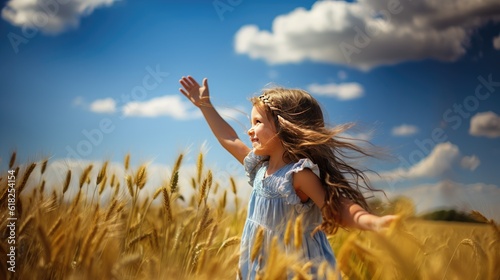Cute little girl running through golden wheat field on sunny summer day. Generative AI.