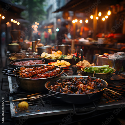 A colorful image of a bustling street food market on a balmy summer night. The smells of grilled foods and the sounds of cheerful chatter fill the air as people enjoy the variety of tastes. AI digital