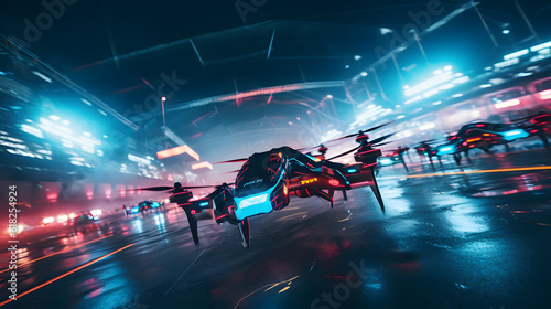 drone racing event  depicting drones darting through a neon-lit track against the night sky