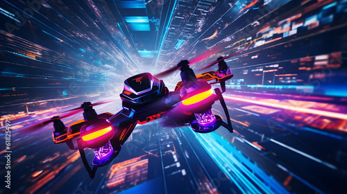 drone racing event, depicting drones darting through a neon-lit track against the night sky © Forge Spirit