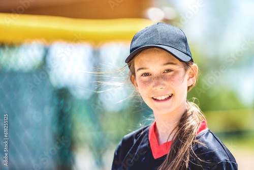 Wall Mural Young girl play baseball on summer day