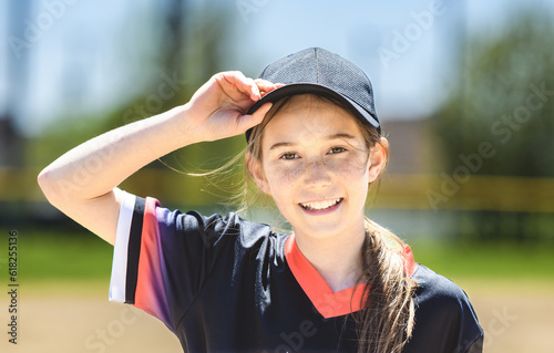 Canvas Print Young girl play baseball on summer day