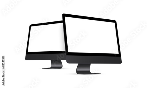 Two Modern Black Desktop PC With Perspective Side Views, Isolated on White Background. Vector Illustration