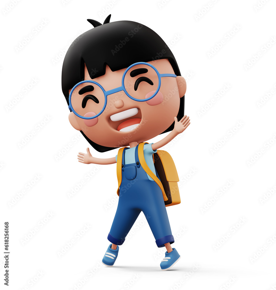 Happy child with bag, cute girl cartoon character, 3d rendering