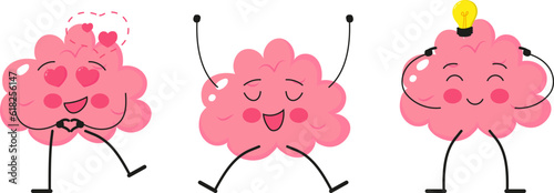 Cartoon brain emoji, emotion brainy vector set. Brainstorming set character in different emotions