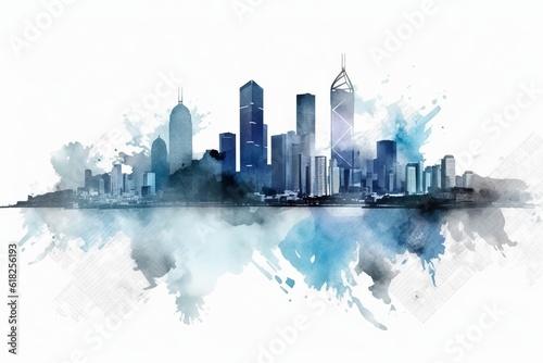 hong kong abstract city skyline  A Captivating Watercolor-style Blue Silhouette of Hong Kong s Iconic Skyline  Set against a White Background  Infusing Bavarian Artistry with the Vibrant Energy