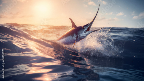 Blue marlin (Makaira nigricans) jumping from the water in the ocean