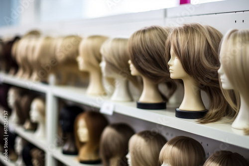 Selection of female wigs in shop