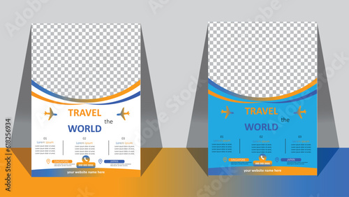 Travel poster or flyer template brochure design layout space for photo background blue & white Travel flyer template for travel agency  world package