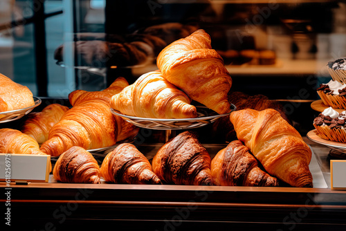 A display case filled with lots of croissants. Generative AI