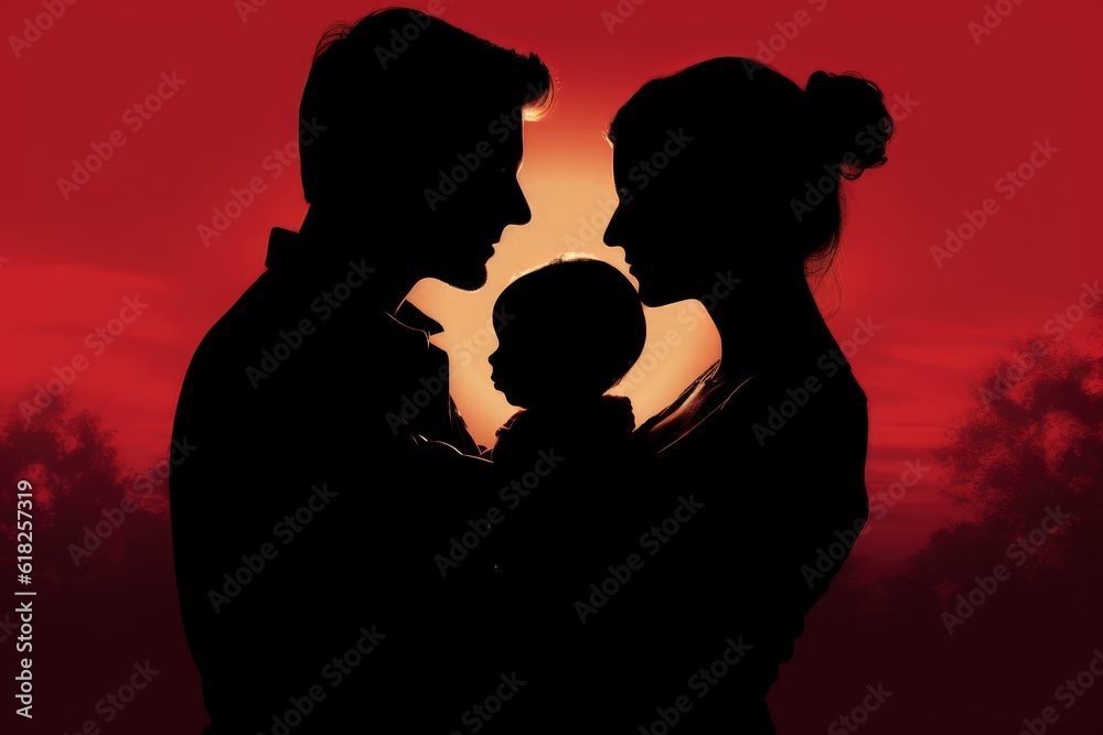 Family silhouette with father, mother and baby at sunset, Father and mother hugging son, Generative AI