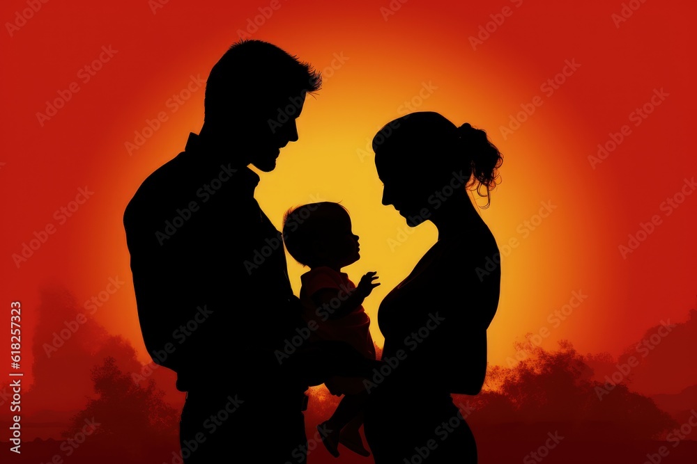 Family silhouette with father, mother and baby at sunset, Father and mother hugging son, Generative AI