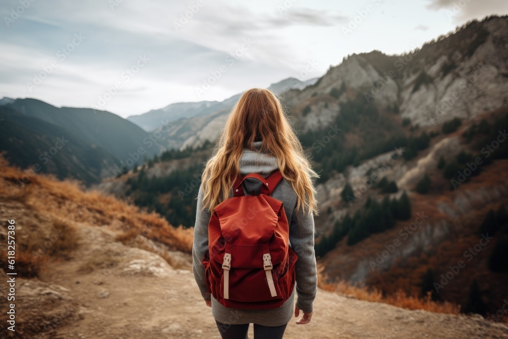 Naklejka premium Girl with camping backpack walking on trail in mountains with green vegetation, Generative AI