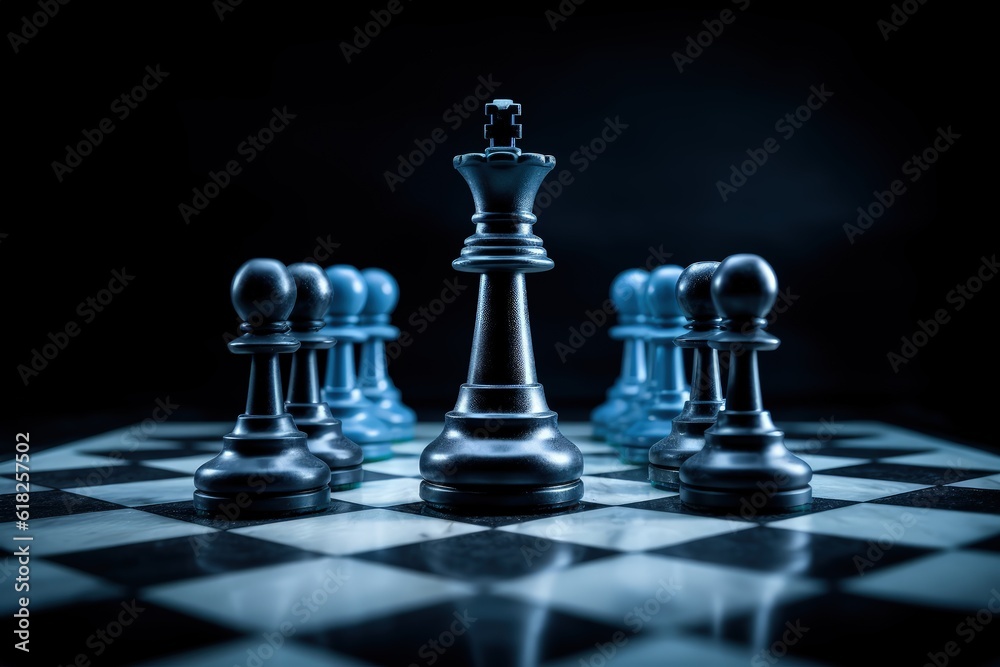 Chess pieces on the board on black background, Chess pieces around the king piece, Generative AI
Chess pieces on the board on black background, Chess pieces around the king piece, Generative AI