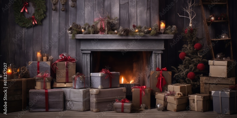 Christmas scenery in home interior with black wooden wall, fireplace, Christmas tree, gifts, candles and decor, Generative AI