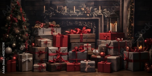Christmas scenery in home interior with black wooden wall, Christmas tree, gifts, candles and decor, Generative AI