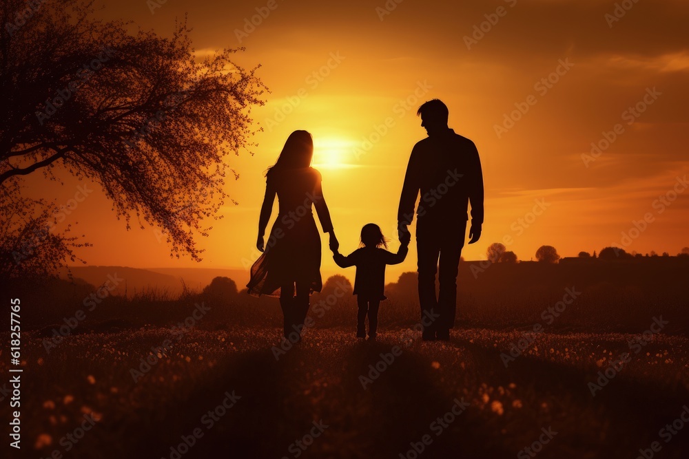 Silhouette of family with mother and father walking with their daughter outdoors at sunset, Generative AI