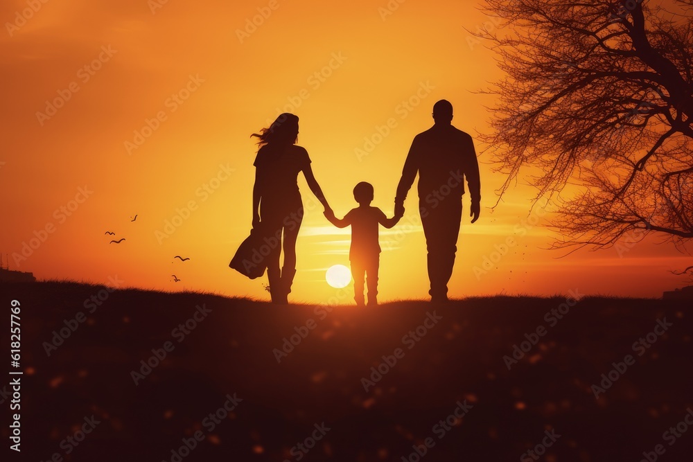 Silhouette of family with mother and father walking with their son outdoors at sunset, Generative AI
