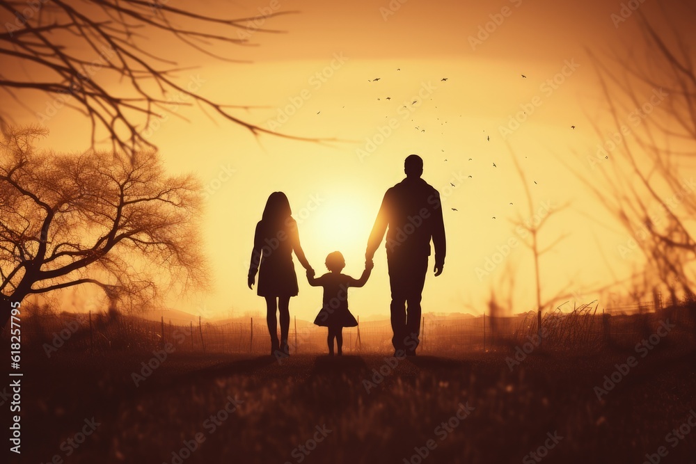 Family silhouette with father and mother walking with their daughter outdoors at sunset, Generative AI