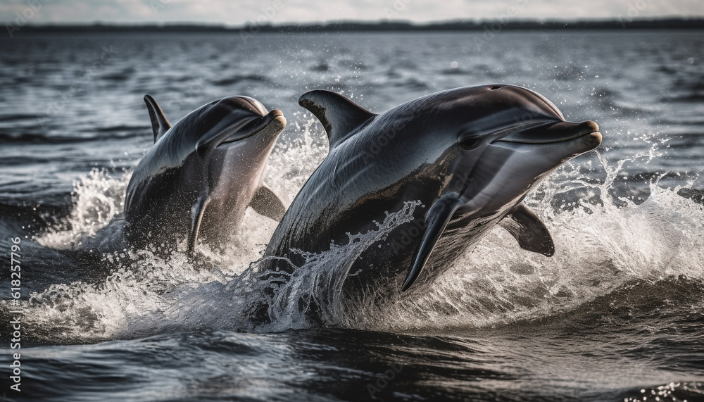 Playful dolphins jumping and splashing in water generated by AI