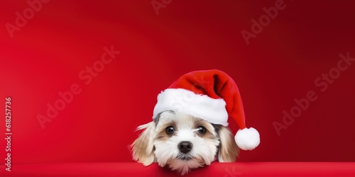 Dog with santa claus hat isolated on red background, little dog with red hat, Generative AI