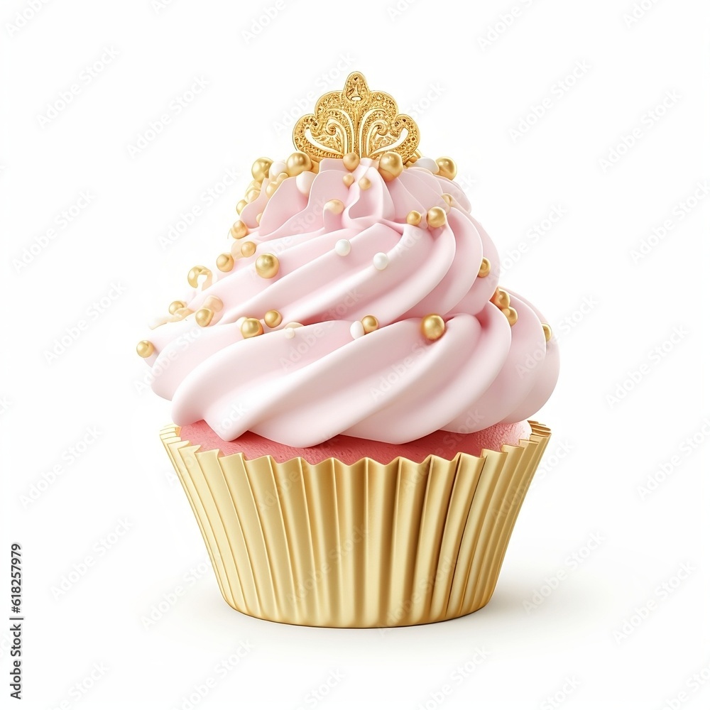 Sweet Delights: Baby Pink Cupcake with a Golden Crown and Sprinkles Sweet Delights: Baby Pink Cupcake with a Golden Crown and Sprinkles