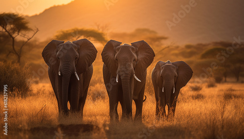 African elephant herd grazes in tranquil savannah generated by AI