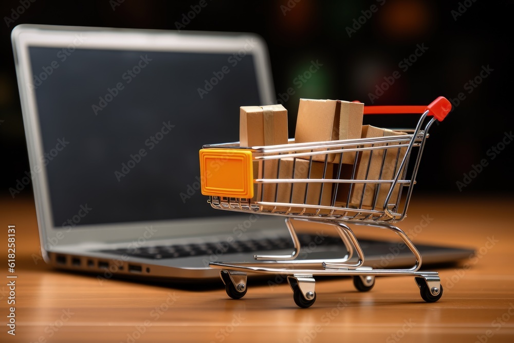 Laptop and shopping carts with order boxes on a wooden table, Generative AI
