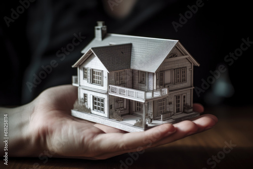 Small house model in human hands, mortgage and home protection concept, AI Generated