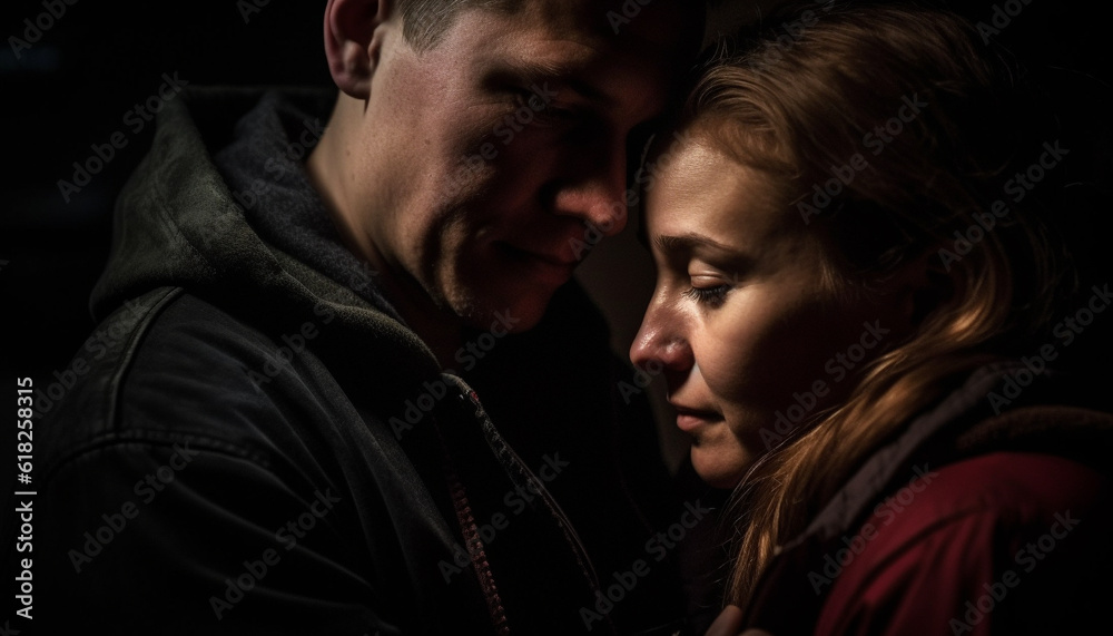 Smiling couple embracing in winter nature beauty generated by AI Smiling couple embracing in winter nature beauty generated by AI