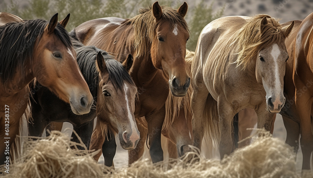 Stallion and mare graze in rural meadow generated by AI Stallion and mare graze in rural meadow generated by AI