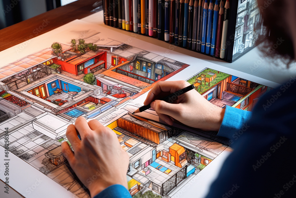 Close-up of an interior designer's hand drawing an interior design with coloured pencil. Generative AI.