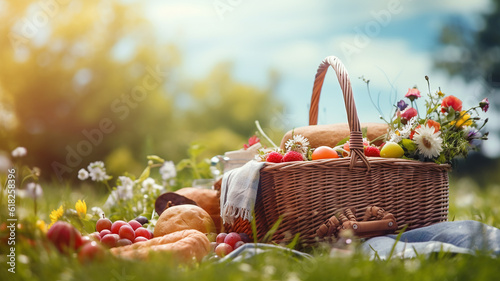 Picnic basket with fruit and bakery on meadow. Panoramic view. Holiday, weekend spring, summer vacation concept. Generative AI