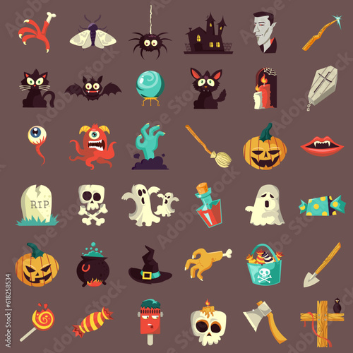 set of items and pumpkins for halloween