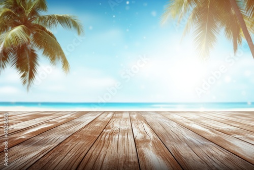 Beach background with wooden table, sea and palm trees, summer background in bokeh style, Generative AI