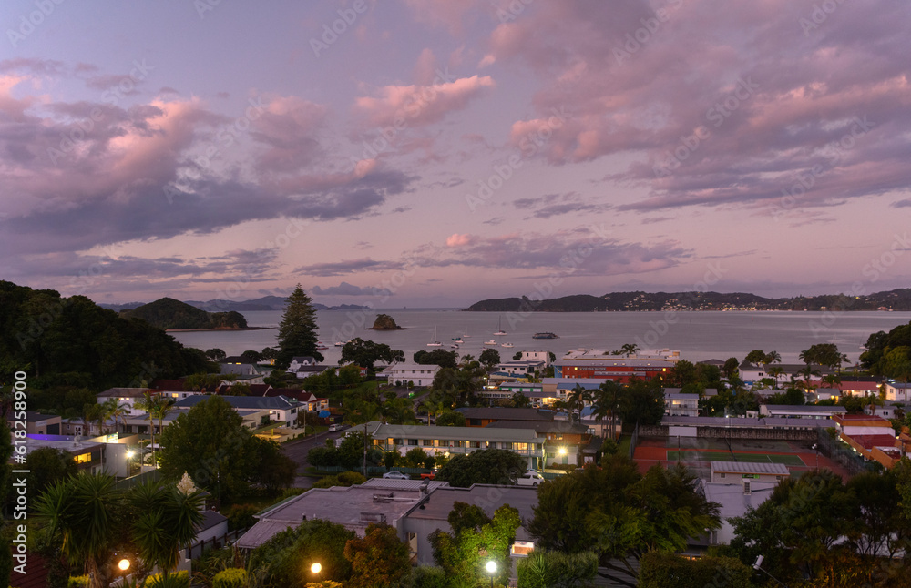 Evening atmosphere in Paihia resort overlooking the bay, New Zealand