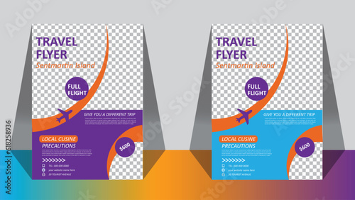 Travel poster or flyer template brochure design layout space for photo background blue & white Travel flyer template for travel agency world TOURIST AVENUE LOCAL CUSINE PRECAUTIONS Island