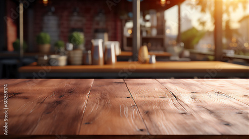 Empty Wooden Table Surface  blur kitchen interior background. Ideal for Product Placement as a Backdrop. Ai generative.